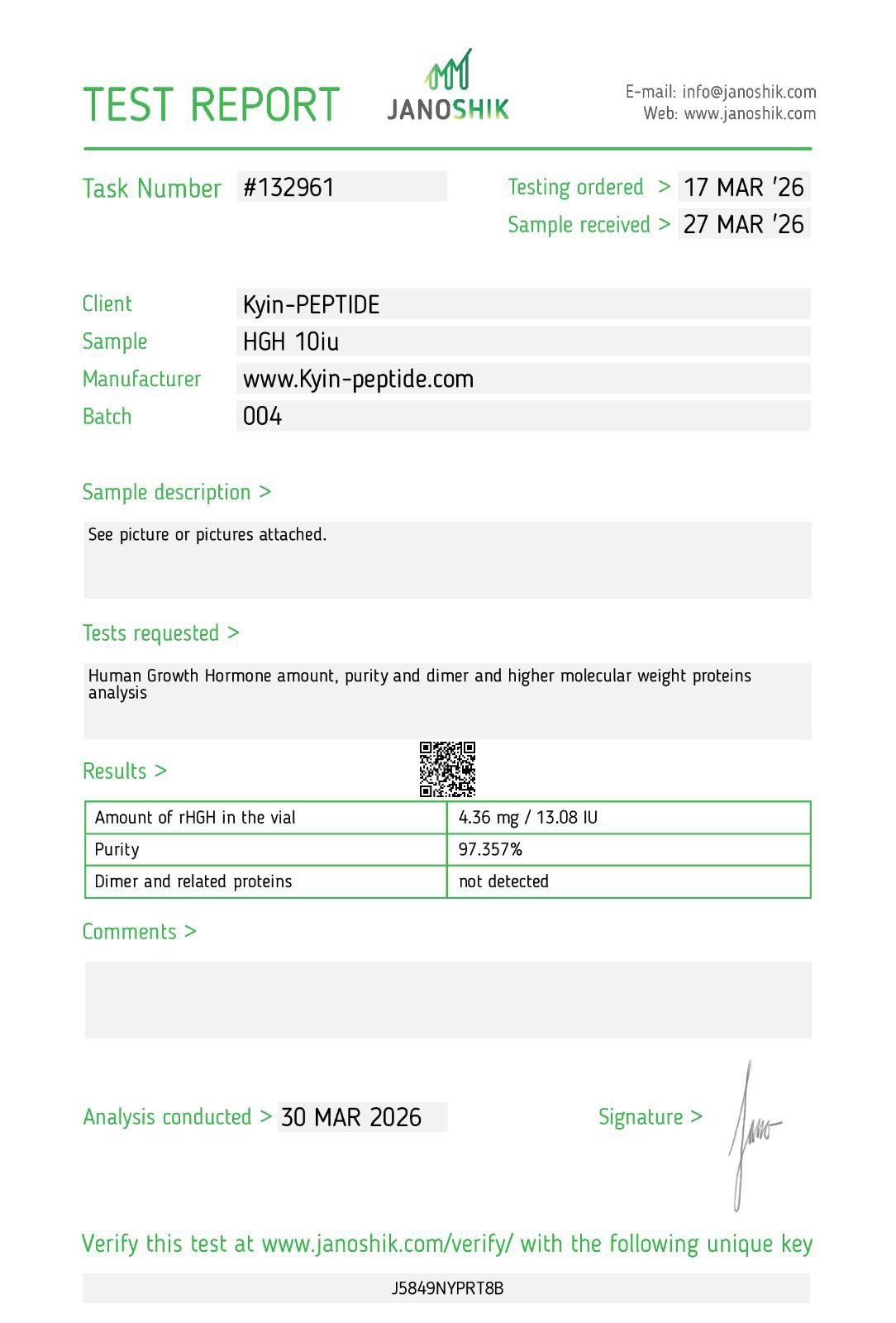 Janoshik test report — HGH 10iu, batch 004