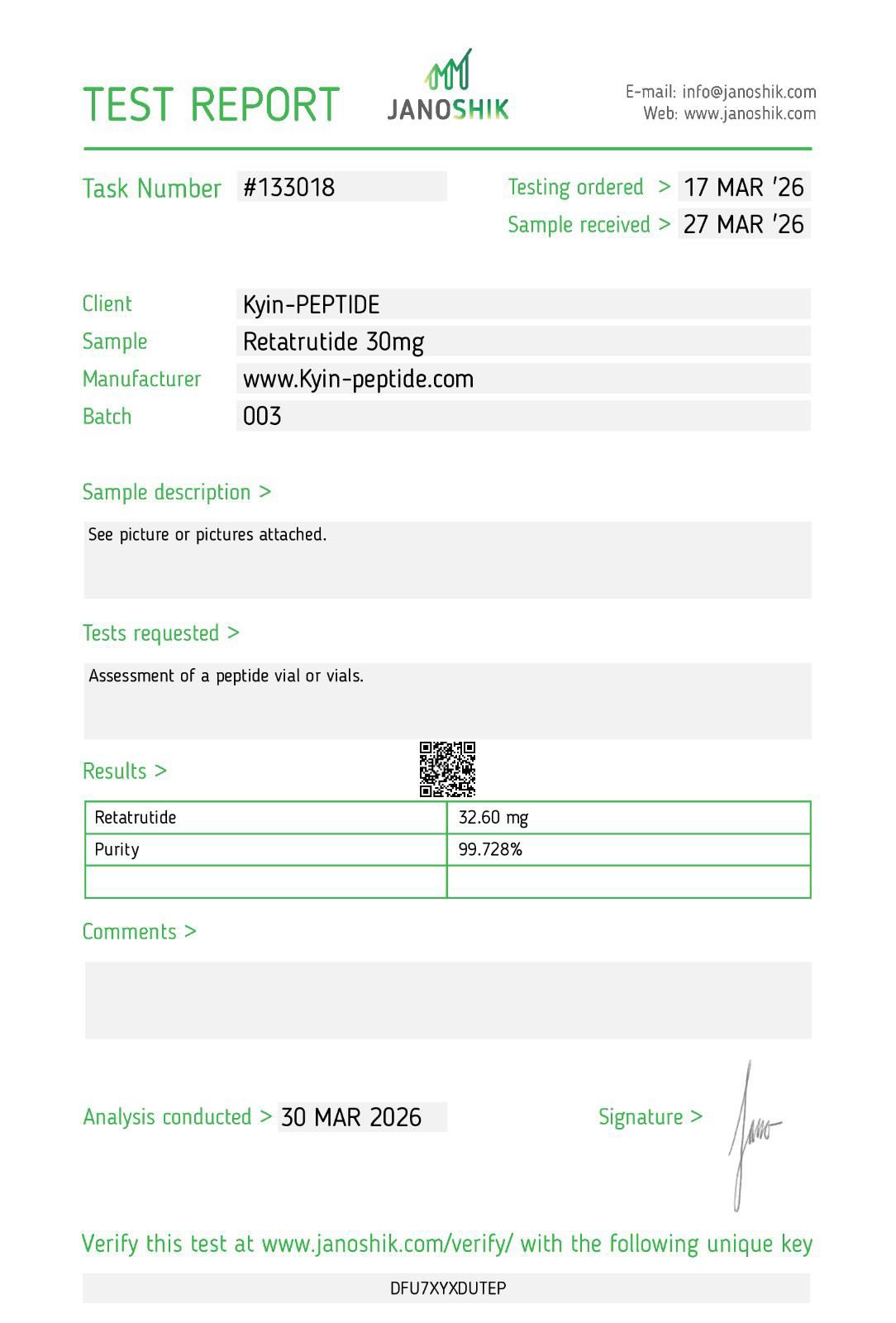 Janoshik test report — Retatrutide 30mg, batch 003