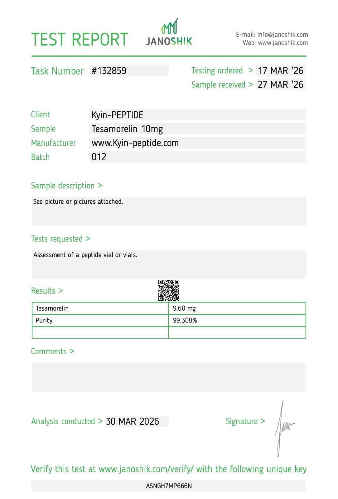 Janoshik test report — Tesamorelin 10mg, batch 012
